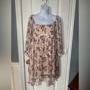 Sweet Lemon Balloon Sleeve Floral Print Square Neck Mini Dress Size Large